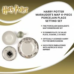 ShopHippo Harry Potter Marauder's Map Porcelain 4 Piece Place Setting - Includes 1 Dinner Plate, 1 Salad Plate, 1 Bowl And 1 Mug - Gold Marauders Map Design
