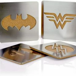 ShopHippo New DC Comics Superhero Logo 4-Piece Coaster Set | Batman, Superman, Wonder Woman & The Flash Laser-Cut Justice League Logos - Sturdy, Unique Cork & Ceramic Design - Great Gift Idea