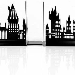 ShopHippo Harry Potter Hogwarts Castle Metal Bookends | Die Cut Metal Bookends With Hogwarts Castle Silhouette Glow In The Dark Design | Ideal For Harry Potter Book Collections New