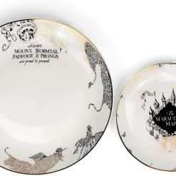 ShopHippo Harry Potter Marauder's Map Porcelain 4 Piece Place Setting - Includes 1 Dinner Plate, 1 Salad Plate, 1 Bowl And 1 Mug - Gold Marauders Map Design