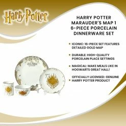 ShopHippo Harry Potter Marauder's Map Porcelain 16-Piece Set - Includes 4 Dinner & 4 Salad Plates, 4 Bowls And 4 Mugs - Quality White Dishware With Elegant Golden Design - Makes Muggle & Wizard Meals Magical