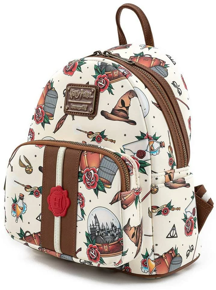 LOUNGEFLY Harry Potter Tattoo Art Cream Color Womens Double Strap Shoulder Bag Purse New 6 LOUNGEFLY Harry Potter Tattoo Art Cream Color Womens Double Strap Shoulder Bag Purse New
