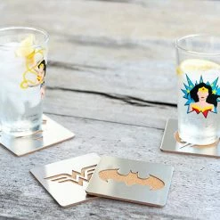 ShopHippo New DC Comics Superhero Logo 4-Piece Coaster Set | Batman, Superman, Wonder Woman & The Flash Laser-Cut Justice League Logos - Sturdy, Unique Cork & Ceramic Design - Great Gift Idea