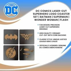 ShopHippo New DC Comics Superhero Logo 4-Piece Coaster Set | Batman, Superman, Wonder Woman & The Flash Laser-Cut Justice League Logos - Sturdy, Unique Cork & Ceramic Design - Great Gift Idea
