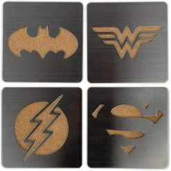 ShopHippo New DC Comics Superhero Logo 4-Piece Coaster Set | Batman, Superman, Wonder Woman & The Flash Laser-Cut Justice League Logos - Sturdy, Unique Cork & Ceramic Design - Great Gift Idea