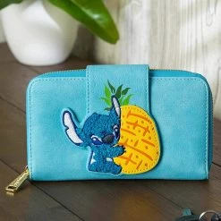 New LOUNGEFLY Lilo And Stitch Pineapple Stitch Chenille Snap Wallet, Blue, Standard