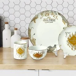 ShopHippo Harry Potter Marauder's Map Porcelain 16-Piece Set - Includes 4 Dinner & 4 Salad Plates, 4 Bowls And 4 Mugs - Quality White Dishware With Elegant Golden Design - Makes Muggle & Wizard Meals Magical